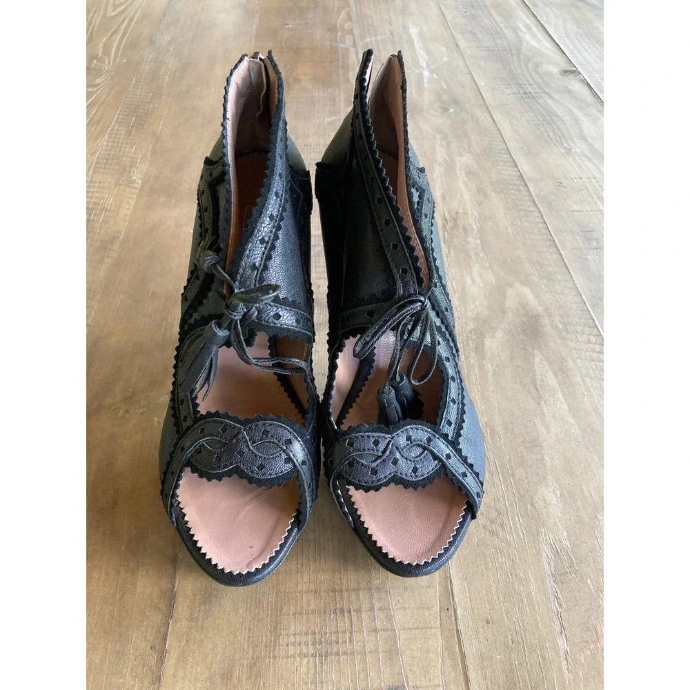 Suecomma Bonnie Black Leather Brogue Platform Peep Toe Tassel Heels 39.5
